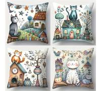 Federe Cuscini Divano 35x35cm Gatto della cabina dei cartoni animati Set di 4 Quadrato Copricuscini per Divani,Vellutato Moderni Fodera per Cuscino Decorativi per Casa Camera da Letto Ufficio