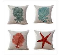 Federe Cuscini Divano 40 x 40 Corallo Blu Stella Marina Copricuscini 40x40 Cotone Lino Copricuscini Divano Forte Traspirabilità Copri Cuscini per Divano Cerniera Nascosta Federa Cuscino 40x40 4 Pcs
