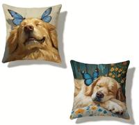 Federe Cuscini Divano 40x40 cm Set di 2 Cane Set Cuscini Divano 40 x 40 Federe Copricuscino Lino FarFallssa Motivo Stampa Fronte-retro Design per Estate Esterno Soggiorno Balcone Home Decor A-579XNA