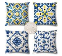 Federe Cuscini Divano 45 x 45 Geometric Cuscini da Esterno Set di 4 Blue Cuscini per Divano Impermeabile Lino Federe Cuscino Decorativo, Quadrate Copricuscino Divano per Giardino Patio Arredo CasaY204