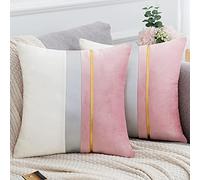 Federe Cuscini Divano 45 x 45cm Velluto Copricuscini Decorativi Moderne con Pelle Righe Dorate Copricuscino Quadrate Lusso Letto Auto Soggiorno Sedia Rosa,Set di 2