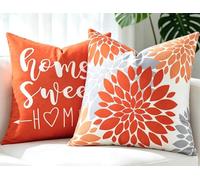 Federe Cuscini Divano 50 x 50 Dalia Fiore Arancione e Grigio Decorativo, Set 2 Copricuscino Grandi Decorativi in Corta Peluria Morbido Come Il Velluto, Federa Cuscino Rustico per il Casa Salotto