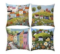 Federe Cuscini Divano 50x50 cm Fiore Città Copricuscini Set di 4 Lino Cuscini per Divano Primavera Fodere per Cuscini da Esterno Fodera per Cuscino Decorativa Quadrato per Giardino Soggiorno Sedia