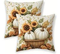 Federe Cuscini Divano 50x50 cm Lino Crema 2 Pezzi Copricuscini, Federa Cuscino Decorativo Quadrato, Estate Copricuscino Zucca Cuscini da Esterno Impermeabili per Divano Letto Soggiorno Giardino SJ-2