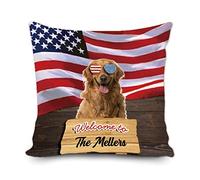 Federe Cuscini Personalized America Flag with Cute Golden Retriever Dog 4Th of July Stars And Stripes Patriotic Copricuscini Lavabile Cuscino Decorativo Decorazione Copricuscino per 45X45CM