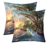 Federe Cuscini Pike Fish Seaside Marine Life Big Bass Fish Green Blue Animals Set of 2 Resistenti Federe Decorativo per