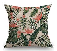 Federe Cuscino Beach Cheerful Tropical Dark Green Leaves of Palm Trees And Flowers Couch Fodere Copricuscino Design Elegante Copricuscino per Campeggio Sull'Erba Soggiorno 45x45 CM