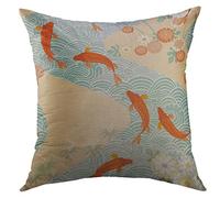 Federe Cuscino Blue Japan Carp Red Fish Traditional Eastern Waves Pattern Chinese Cuscino Copricuscini Bifacciale Copricuscini per Letto 45X45 Cm