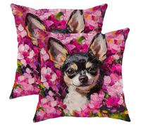 Federe Cuscino Chihuahua Dog Comfy Oil Paintings Peach Flower Printing Pet Federe Cuscini Traspirante Fodere Copricuscino Resistenti per Campeggio Sull'Erba Camera da Letto 2 Piece 45X45 Cm