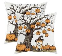 Federe Cuscino Halloween Shiba Inu Dog Funny Pumpkins Tree Copricuscino Resistenti Copricuscini Design Elegante per Campeggio Sull'Erba Divano 2 Piece 45X45 Cm