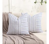 Federe Cuscino Modern Farmhouse Decor Navy Neutral Blue Linen Striped Patchwork Copricuscino Traspirante Set of 2 Federe Cuscini per Regalo Camera da Letto Divano 45X45 Cm