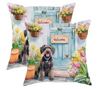 Federe De Cuscini 45X45Cm Set 2 Copricuscini Cerniera Invisibile Federe Decorativo per Camera da Letto Esterno Balcone Spring German Wirehaired Pointer Welcome Flowers Pot