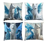 Federe de Cuscini 60x60cm 4 Pezzi lupo bianco drago Decorativa Velluto Fodera per Cuscino Esterno Impermeabili Copricuscini con Cerniera Invisibile per Divano Soggiorno Camera Balcone Esterno q-14