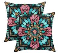 Federe De Cuscini Flower Art Vintage Geometric Stained Glass None Teal Copricuscini Set 2 Decorative Resistenti Fodere Cuscini per Casa Giardini Salotto 45X45Cm
