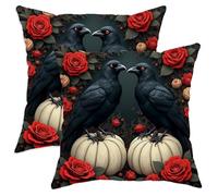 Federe De Cuscini Halloween Black Crow And Red Rose Fodere Cuscini Set 2 Resistenti Cerniera Invisibile Copricuscini per Sedia Interni Casa 45X45Cm