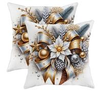 Federe De Cuscini Pine Coness Ribbon Star Christmas Gold Copri Cuscino Set 2 Morbida Resistenti Fodere Cuscini per Salotto Letti Giardini 45X45Cm