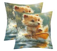 Federe Decorative 3D Wild Fox Cute J-Ungle Animal Rustic Lake Life Nature Trees Set of 2 Resistenti Square Federe per