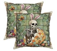 Federe Decorative 45X45Cm Set 2 Copri Cuscino Morbida Federe Cuscini per Salotto Divano Esterno Spring Easter Skeleton Fun Stained Glass Bunny Eggs Printing