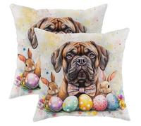 Federe Decorative 45X45Cm Set 2 Copricuscini Lavabili Federe Cuscini per Camera da Letto Esterno Sedia Spring Easter Mastiff Dog Cute Bunny Eggs