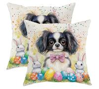 Federe Decorative 45X45Cm Set 2 Copricuscini Morbida Fodere Cuscini per Salotto Camera da Letto Interni Spring Easter Japanese Chin Dog Cute Bunny Eggs