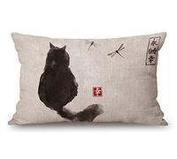 Federe decorative per cuscini da esterni, per divano, letto, gatto vintage e libellula, pittura tradizionale giapponese a inchiostro, decorazione moderna, 30,5 x 50,8 cm