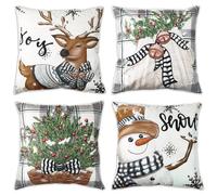 Federe Natalizie Cuscini Divano 40*40,Set Di 4 Lino Tartan Federe Cuscini Natalizi Per Divano,Grigio Pupazzo Di Neve Renna Addobbi Natalizi Per La Casa e Soggiorno Letto esterni Decorazioni Natalizie