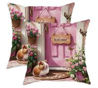 Federe per Cuscini 45X45Cm Set 2 Copri Cuscino Morbida Federe Decorative per Camera da Letto Esterno Decorazione Spring Guinea Pig Welcome Flowers Pot