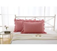 Federe per cuscini a quadretti con volant, in cotone lavato, per letto e divano (51 x 91 cm, a quadretti rossi e bianchi, confezione da 2