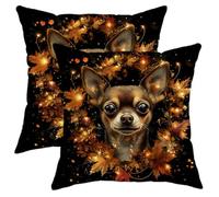 Federe per cuscini autunnali a forma di chihuahua, 20x20, set da 2, morbide federe con ghirlanda di foglie d'acero autunnali con cerniera, divertenti decorazioni per cuccioli e animali domestici, per