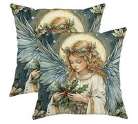 Federe per Cuscini Christmas Angel Aesthetic Xmas Fun Holly Wreath Religious Set of 2 Quadrate Fodere per Cuscini per