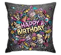 Federe per cuscini decorativi con motivo a scarabocchio e buon compleanno, morbide federe per cuscini, in peluche, per divano, quadrate, per soggiorno, divano letto, arredamento per la casa, 18x18 pol