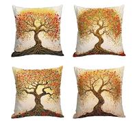 Federe per Cuscini Esterni Impermeabili Lino35 x 35 cm Set di 4, Doppio lato Quadrata Traspirante Cuscini Albero della vita Primavera Estate Copricuscini, per Soggiorno Giardino Decor Regali I-s600