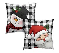 Federe per cuscini natalizi a quadri bianchi e neri, 18x18, set di 2, con pupazzo di neve e Babbo Natale, federe per cuscini con fiocchi di neve, decorazioni per la casa per soggiorno, letto e divano.