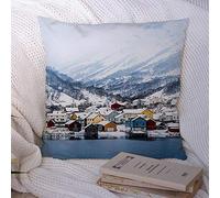 Federe per cuscino Case in legno del nord Sole in sulle rive Oceano bianco Fiordo innevato norvegese Casa per le vacanze nordica Federa per cuscino in poliestere Fodera per cuscino per divano