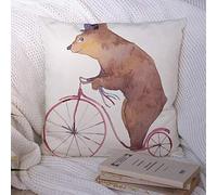 Federe per cuscino orso su fiaba magica silhouette isolato bianco vecchia bicicletta retrò animali selvatici poliestere tiro federa cuscino per divano divano decorazioni 18 x 18 pollici