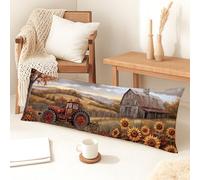 Federe per cuscino per il corpo, stile rustico vintage, trattore e girasole, in morbido velluto, con cerniera, federa per cuscino per il corpo lungo, decorativa, per letto, divano, testiera, 50 x 137