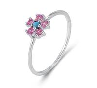 Fedi nuziali da donna, anello da donna, piccolo dito fiore con taglio rotondo, laboratorio, rosa zaffiro 14 carati, oro bianco 14 (14,3)