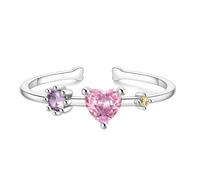 Fedi nuziali in oro bianco sottile, anelli aperti da donna con cuore e fiore regolabile con cristallo rosa, Oro bianco 14 car, Cristallo