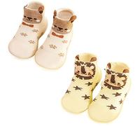 FedMois 2 Paia Calzini Scarpe Antiscivolo Calze a Pantofola Cotone Neonati Bimbi, leone e orso, 18 mesi