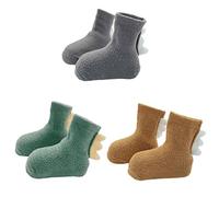 FedMois 3 Paia Calzini Invernali Antiscivolo Calze a Pantofola 3D Dinosauri Bimbi Bambini, Marrone, Grigio e Verde, 3-5 anni
