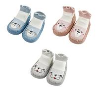 FedMois 3 Paia Calzini Scarpe Antiscivolo Calze a Pantofola Cotone Neonati Bimbi, Blu, Beige e Grigio, 6-12 mesi