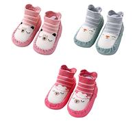 FedMois 3 Paia Calzini Scarpe Antiscivolo Calze a Pantofola Cotone Neonati Bimbi, Rosa, Rosso e Verde, 2-2.5 anni