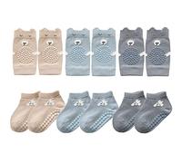 FedMois 3 paia Ginocchiere per gattonare + 3 paia Calzini antiscivolo in cotone bimbi bambini motivi animali, grigio, blu e beige, 9-18 mesi