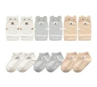FedMois 3 paia Ginocchiere per gattonare + 3 paia Calzini antiscivolo in cotone bimbi bambini motivi animali, grigio, bianco e beige, 9-18 mesi