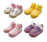 FedMois 4 Paia Calzini Scarpe Antiscivolo Calze a Pantofola Cotone Neonati Bimbi, Volpi e Orsi, 6-12 mesi