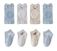 FedMois 4 paia Ginocchiere per gattonare + 4 paia Calzini antiscivolo in cotone bimbi bambini motivi animali, bambino, 0-12 mesi