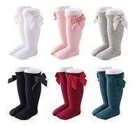 FedMois 6 paia di calze lunghe con fiocco bimbi bambini calzini al ginocchio in cotone, 1-3 anni
