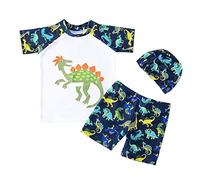 FedMois Costume da Bagno Tuta da Piscina Bambino Ragazzo, 3 Pezzi Completo Maglia + Pantaloncini + Cappellino, Dinosauri Bianco, 4-5 Anni