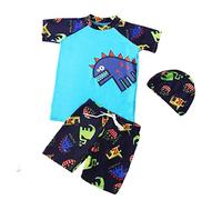 FedMois Costume da Bagno Tuta da Piscina Bambino Ragazzo, 3 Pezzi Completo Maglia + Pantaloncini + Cappellino, Dinosauri Blu, 3-4 Anni