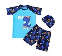 FedMois Costume da Bagno Tuta da Piscina Bambino Ragazzo, 3 Pezzi Completo Maglia + Pantaloncini + Cappellino, Dinosauri Skateboard, 7-9 Anni